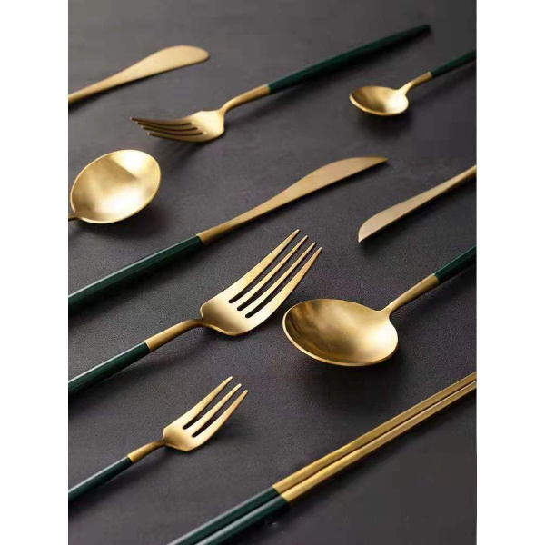 Stainless Steel Dark Green Gold Knife Fork Spoon 35